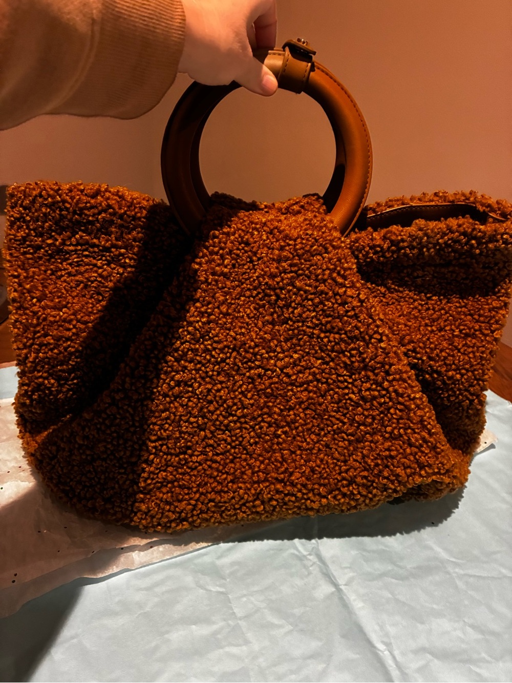 Indigo Plush Tote with Round Handles in Chestnut